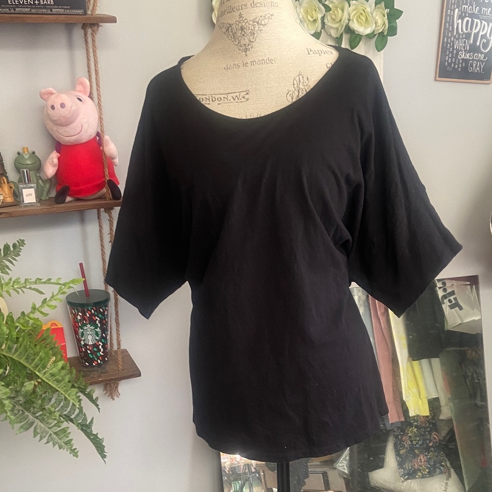 Jones New York 3X Heathered Black Short Wide Split Sleeve Wide Neck Shirt